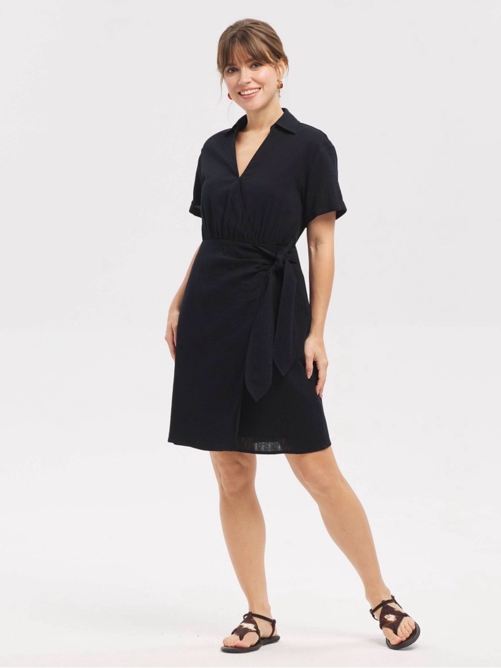 NWT Women’s Short Sleeve Wrap Tie Mini Shirtdress Dress M Black